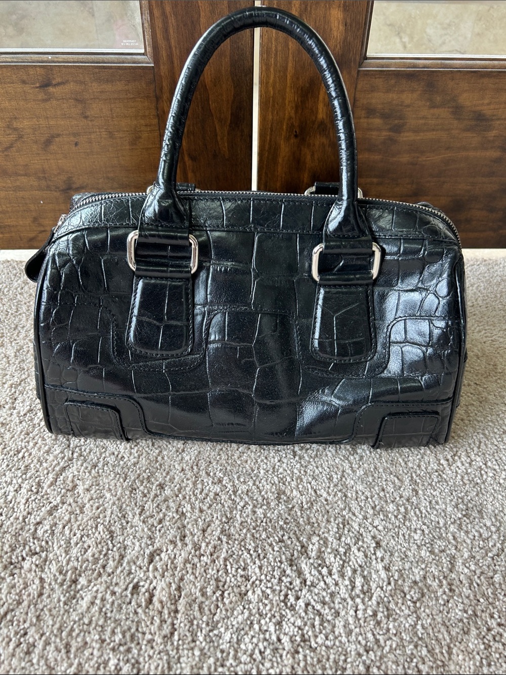 Croc-Embossed Black Satchel Handbag